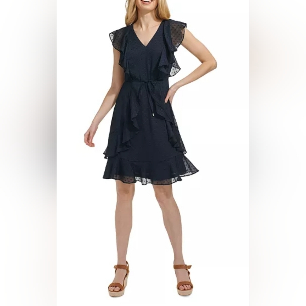 Tommy Hilfiger‎ Womens Dress Fit Flare Swiss Dot Chiffon Dress Navy Blue size 16
